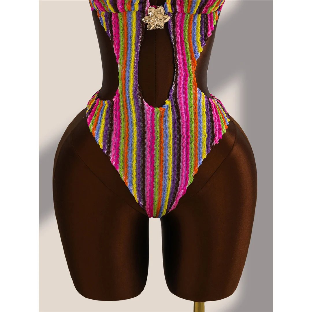 Striped Colorful Halter Cut Out Bather Bathing Suit Swim One Piece Swimsuit Women Swimwear Female Monokini High Leg Cut K8304 Striped Colorful Halter Cut Out Bather Bathing Suit Swim One Piece Swimsuit Women Swimwear Female Monokini High Leg Cut K8304