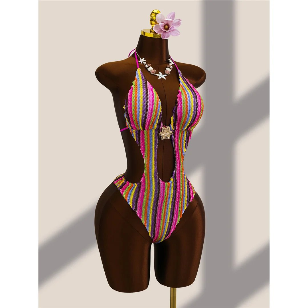 Striped Colorful Halter Cut Out Bather Bathing Suit Swim One Piece Swimsuit Women Swimwear Female Monokini High Leg Cut K8304 Striped Colorful Halter Cut Out Bather Bathing Suit Swim One Piece Swimsuit Women Swimwear Female Monokini High Leg Cut K8304