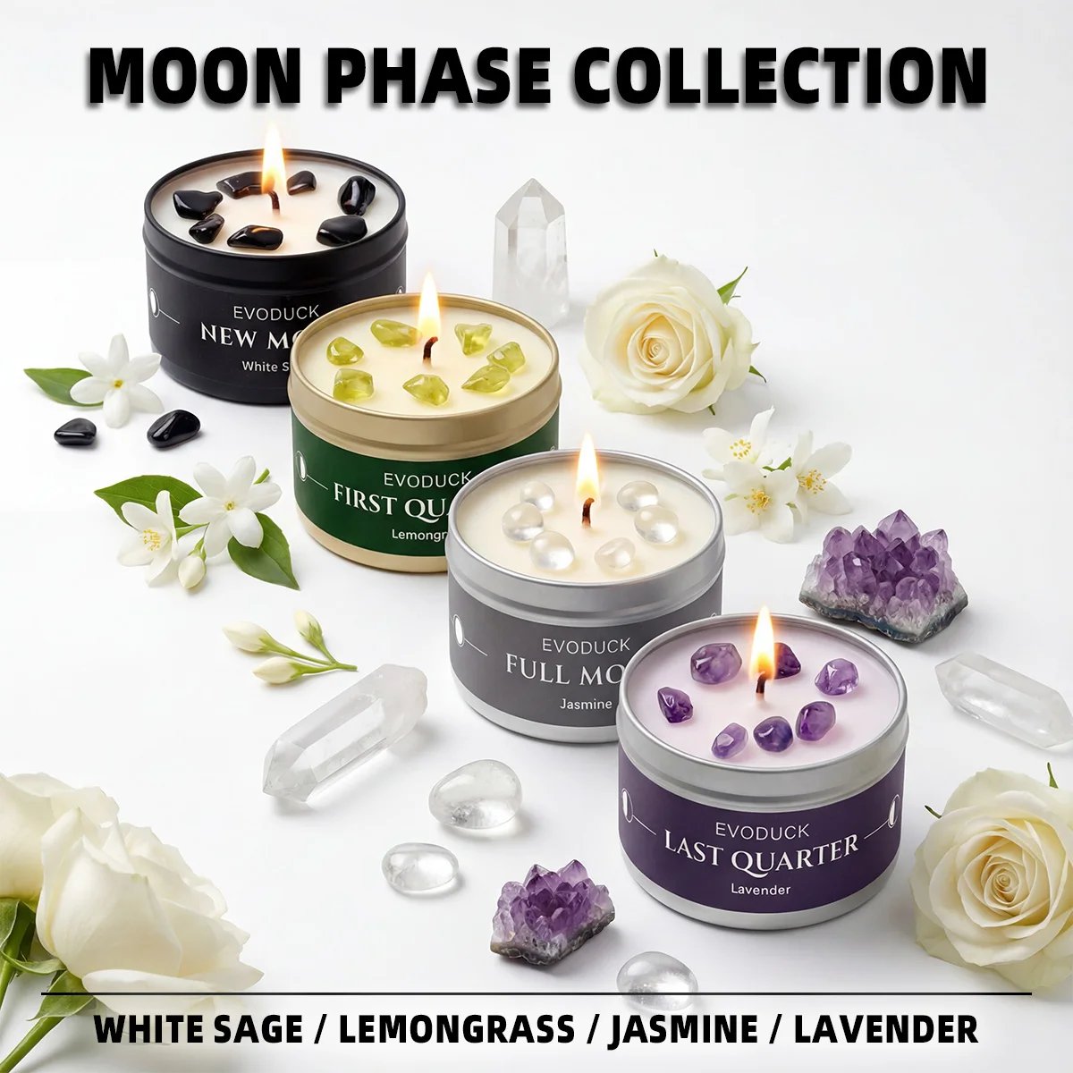 4PCS Moon Phase Crystal Scented Candle Set, 3oz Natural Soy Wax Tin Candles, White Sage, Lemongrass, Jasmine and Lavender Aromatherapy, New Moon Ritual Meditation Home Fragrance, Spiritual Birthday Christmas Gift for Women, Gift for Moon Rituals 4PCS Moon Phase Crystal Scented Candle Set, 3oz Natural Soy Wax Tin Candles, White Sage, Lemongrass, Jasmine and Lavender Aromatherapy, New Moon Ritual Meditation Home Fragrance, Spiritual Birthday Christmas Gift for Women, Gift for Moon Rituals