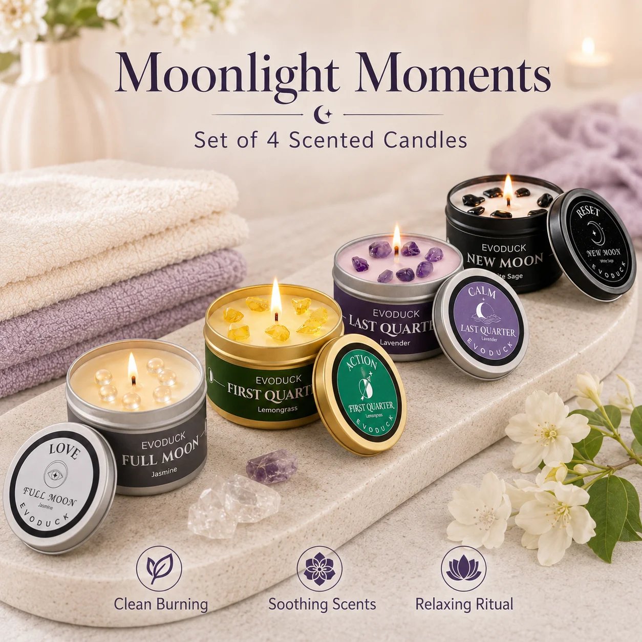 4PCS Moon Phase Crystal Scented Candle Set, 3oz Natural Soy Wax Tin Candles, White Sage, Lemongrass, Jasmine and Lavender Aromatherapy, New Moon Ritual Meditation Home Fragrance, Spiritual Birthday Christmas Gift for Women, Gift for Moon Rituals 4PCS Moon Phase Crystal Scented Candle Set, 3oz Natural Soy Wax Tin Candles, White Sage, Lemongrass, Jasmine and Lavender Aromatherapy, New Moon Ritual Meditation Home Fragrance, Spiritual Birthday Christmas Gift for Women, Gift for Moon Rituals